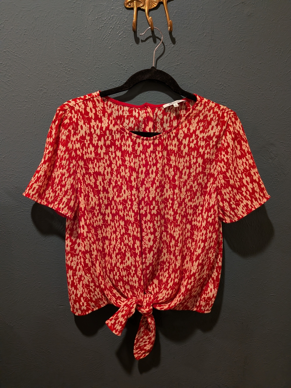 Madewell Red and Cream Floral Tie-Front Short Sleeve Top